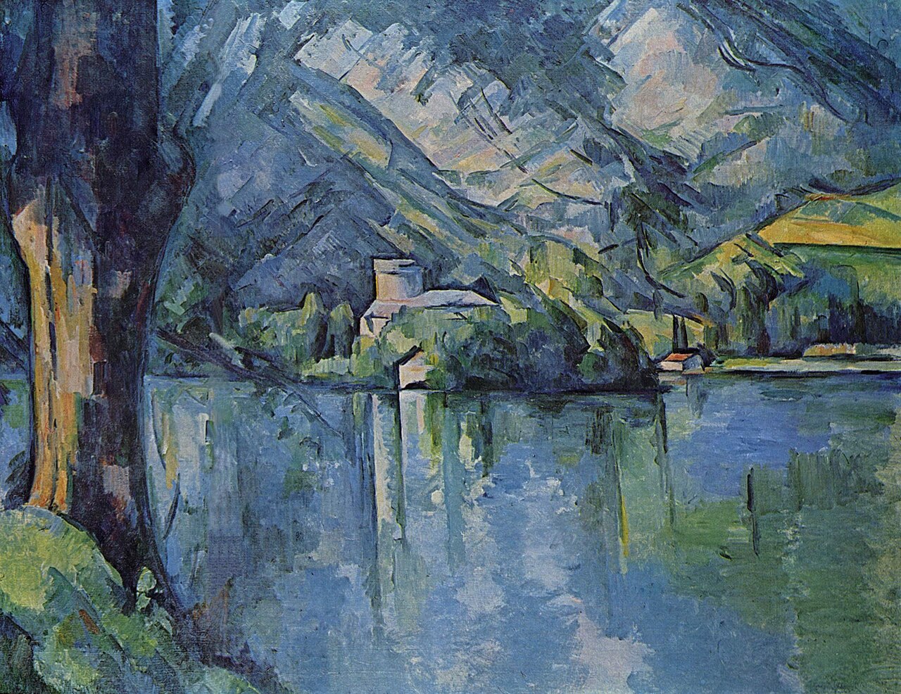 Cézanne, Lake Annecy: a blue lake and mountain framed by a tree, built from faceted planes of colour