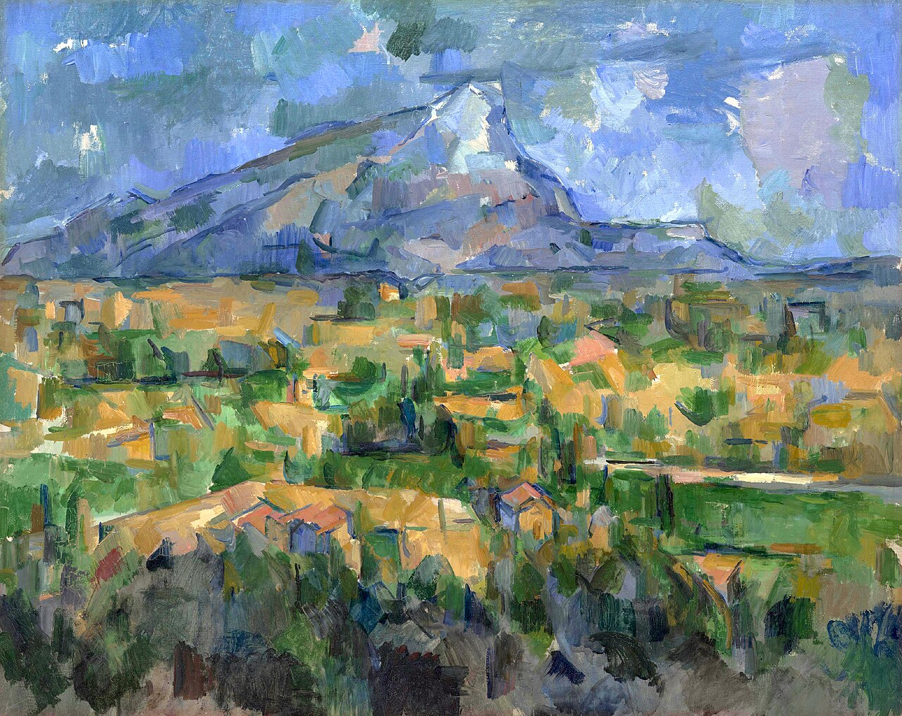 Cézanne, Mont Sainte-Victoire: the mountain rising over a patchwork plain of green and ochre planes