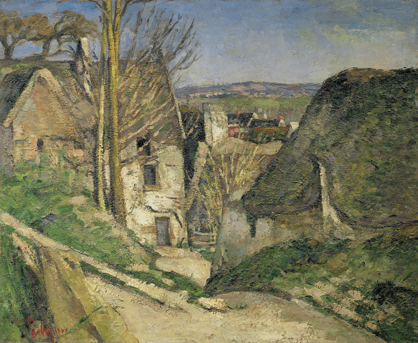 Cézanne, La Maison du pendu: a cluster of Provençal houses on a slope under an open sky