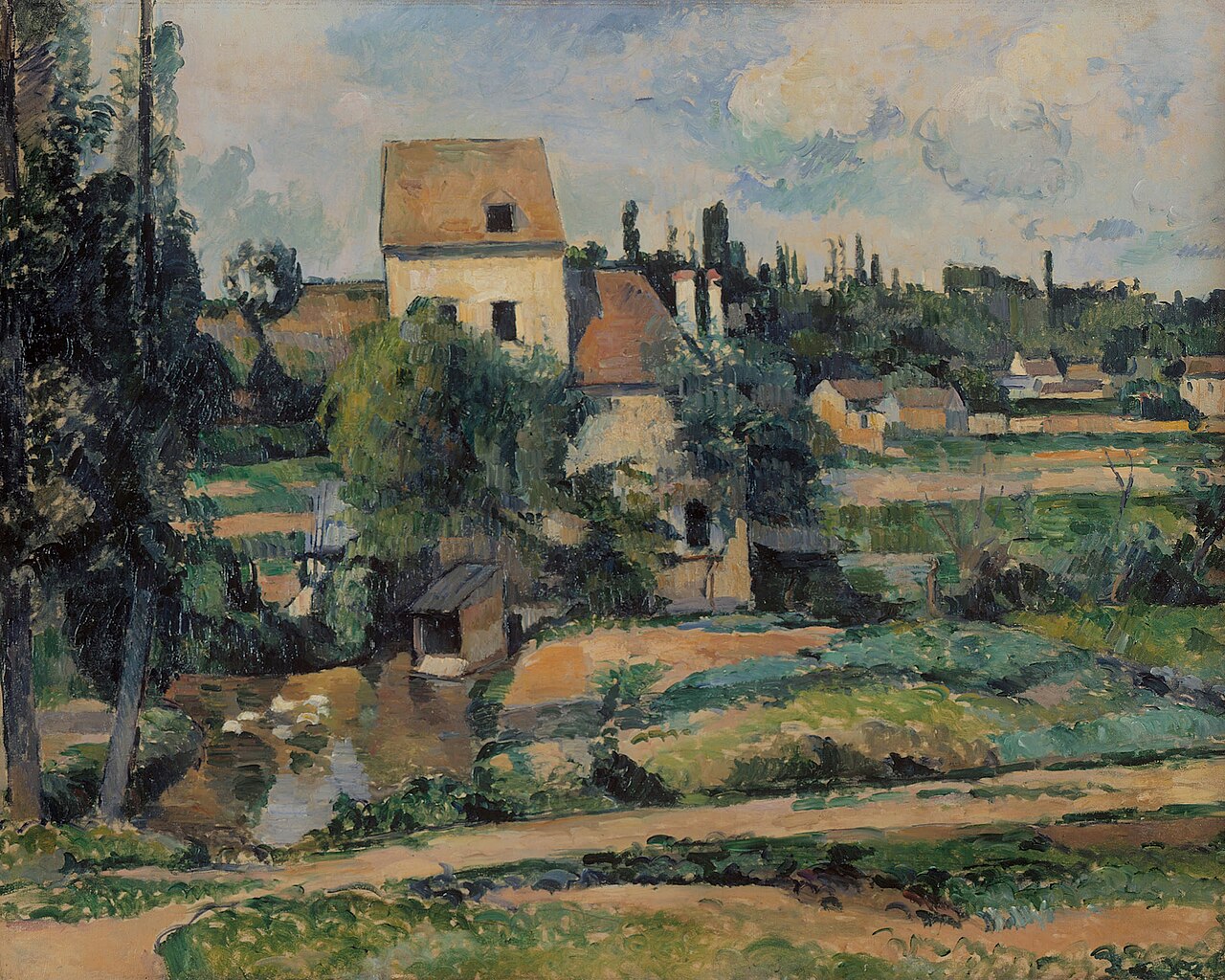 Cézanne, The Mill on the Couleuvre at Pontoise: a mill and houses among trees built from blocks of green and ochre