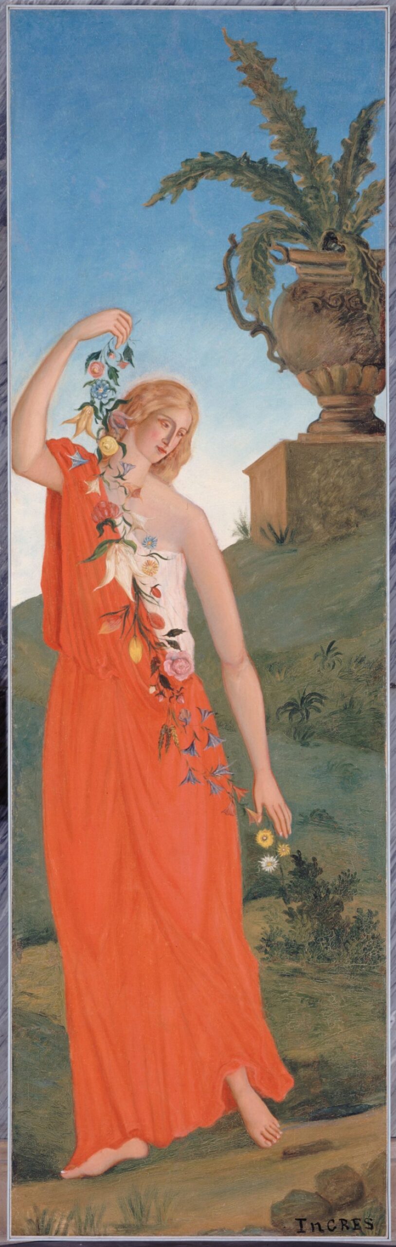 Cézanne, Le Printemps (Spring): a tall allegorical figure in a red robe holding a branch