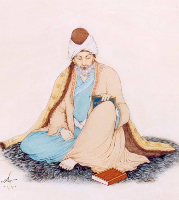 A stylised contemporary artwork evoking Rumi and Sufi devotion