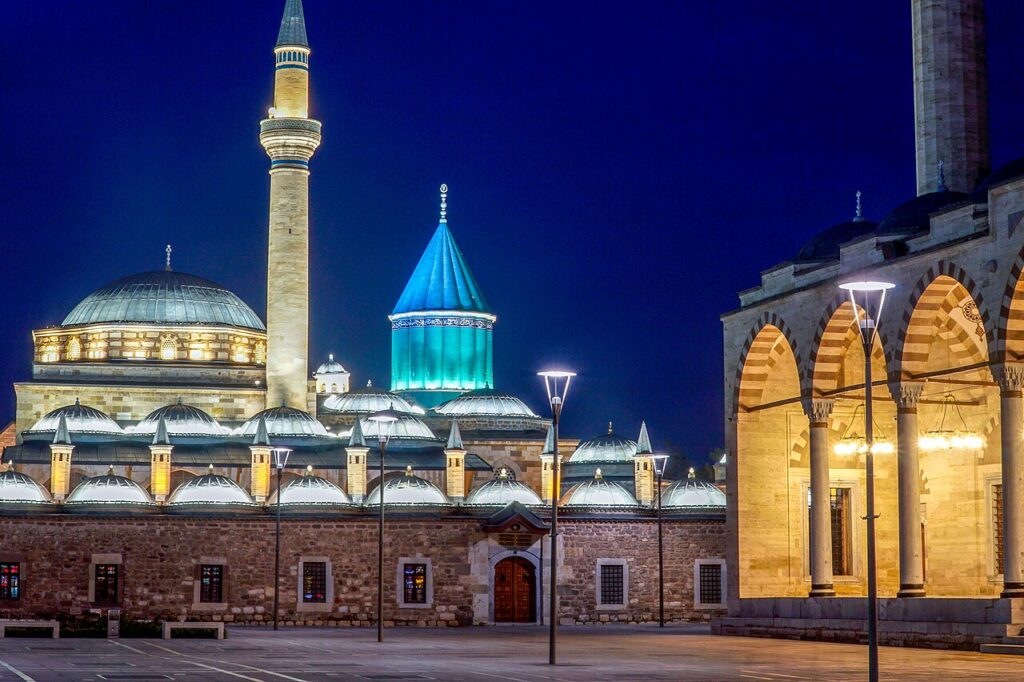 The Mevlana shrine and museum in Konya, Turkey, with its distinctive turquoise tower