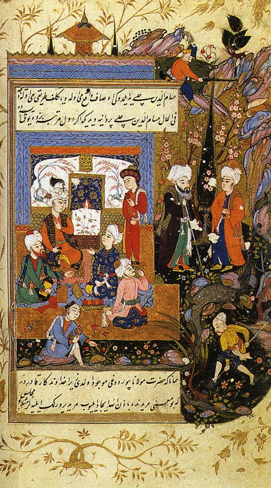 Ottoman miniature depicting Rumi and his disciple Husam al-Din Chelebi in a garden