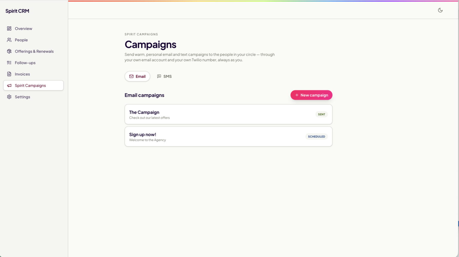 The Spirit Campaigns screen, listing email and SMS campaigns.