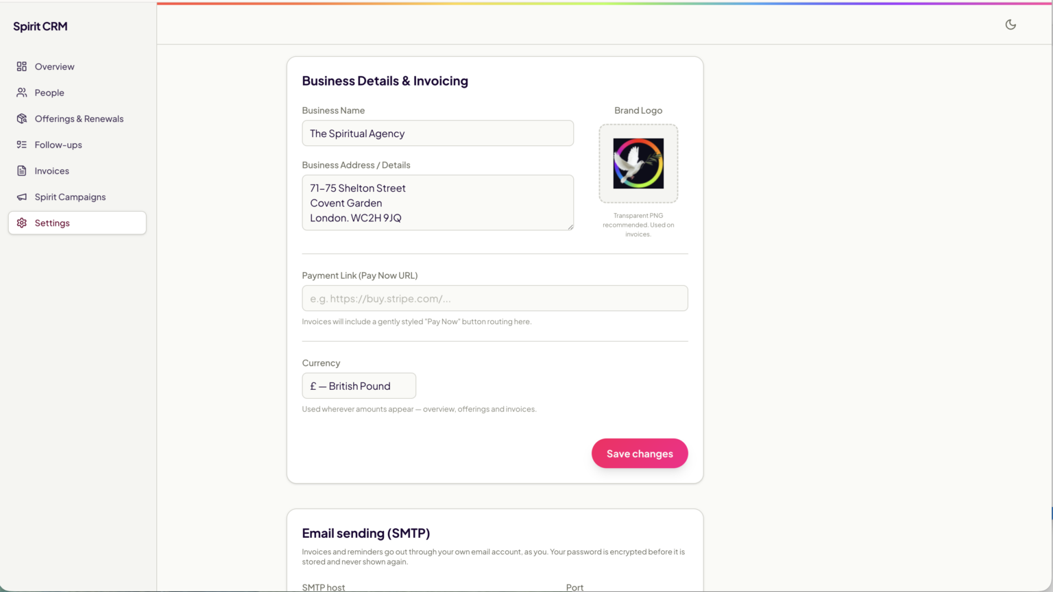 The Spirit CRM settings screen.